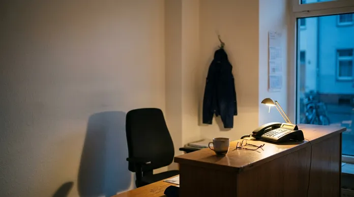 Verlassener Büro-Arbeitsplatz eines kleinen Betriebs in der Abenddämmerung, eine warme Schreibtischlampe beleuchtet ein Tischtelefon neben Kaffeetasse und Brille, der Stuhl ist leer und durchs Fenster fällt blaues Abendlicht