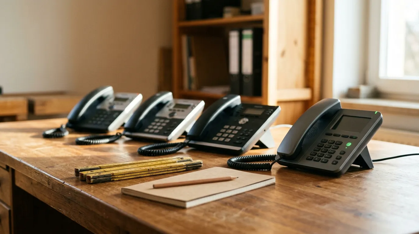 Vier Tischtelefone in einer Reihe auf einem warmen Holzschreibtisch in einem kleinen Betrieb im Morgenlicht: drei ältere Modelle mit lose liegenden Spiralkabeln, rechts im Fokus ein modernes Telefon mit angeschlossenem Kabel und sanft grün leuchtender Anruf-Anzeige; im Vordergrund zusammengeklappte Zollstöcke und ein geschlossenes Notizbuch mit Bleistift
