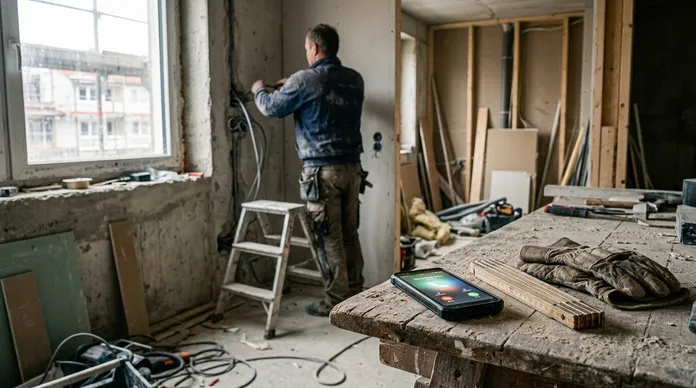 Smartphone mit eingehendem Anruf liegt unbeachtet auf der Werkbank, während ein Handwerker im Hintergrund auf der Baustelle weiterarbeitet