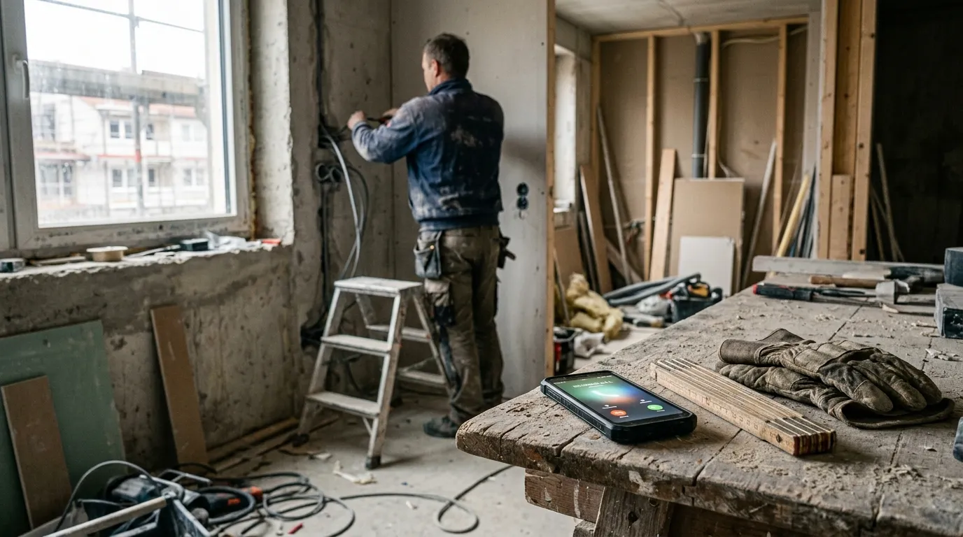 Smartphone mit eingehendem Anruf liegt unbeachtet auf der Werkbank, während ein Handwerker im Hintergrund auf der Baustelle weiterarbeitet