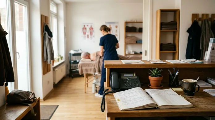 Unbesetzter Empfangstresen einer Physiotherapie-Praxis mit Telefon und Terminbuch, während die Therapeutin im Hintergrund einen Patienten behandelt