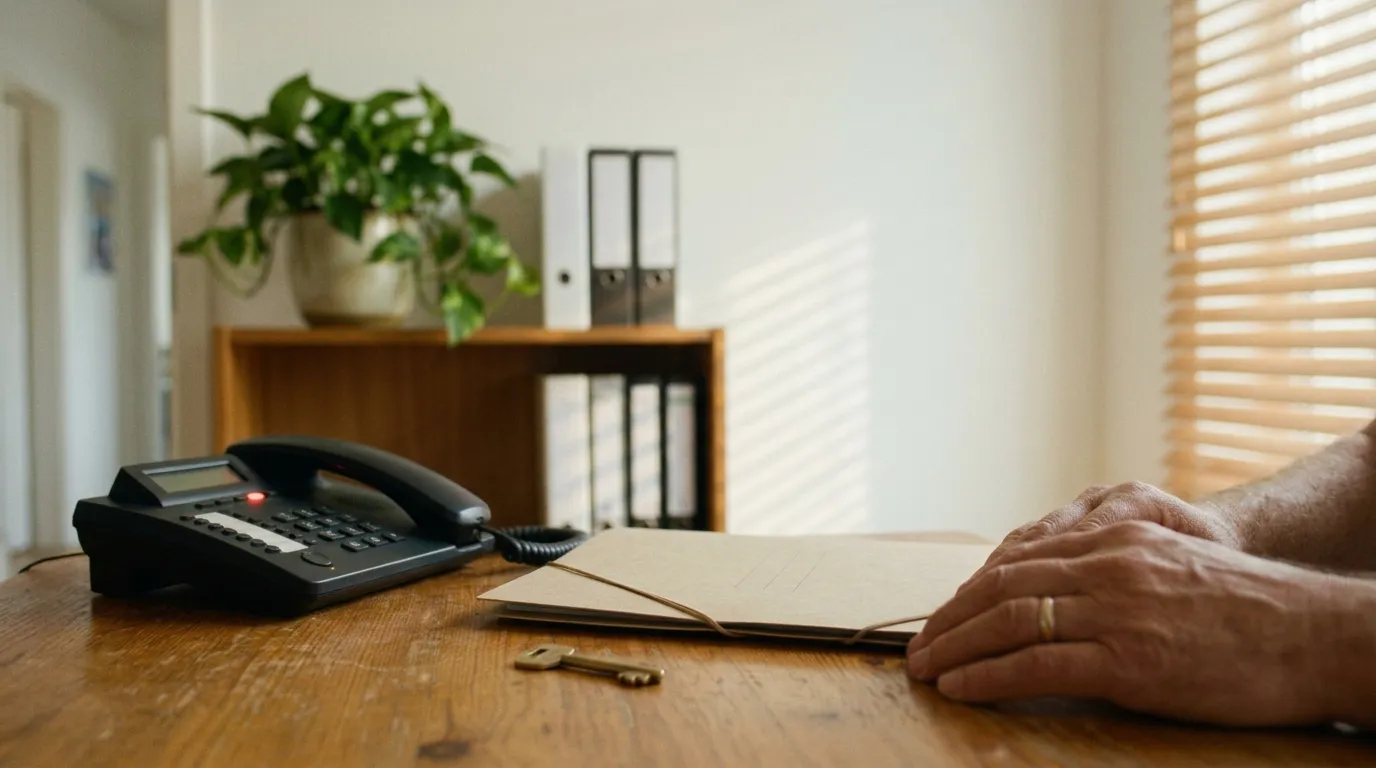 Holzschreibtisch mit klassischem Tischtelefon, an dem eine rote Anruf-Leuchte glimmt, daneben eine geschlossene Aktenmappe mit Gummiband und ein kleiner Messingschlüssel, im Hintergrund Aktenordner und eine Grünpflanze, Morgenlicht durch Jalousien