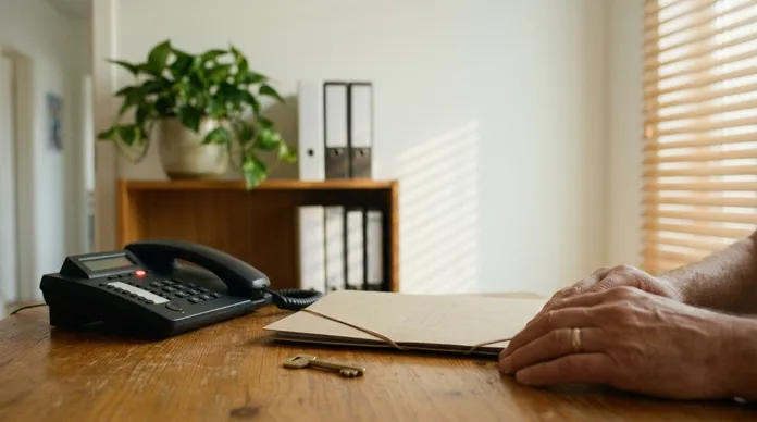Holzschreibtisch mit klassischem Tischtelefon, an dem eine rote Anruf-Leuchte glimmt, daneben eine geschlossene Aktenmappe mit Gummiband und ein kleiner Messingschlüssel, im Hintergrund Aktenordner und eine Grünpflanze, Morgenlicht durch Jalousien