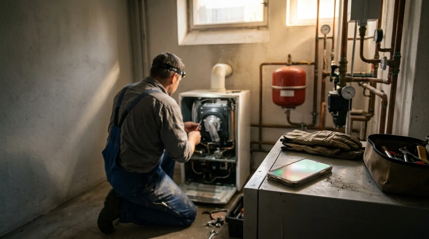 Heizungskeller am Vormittag: Ein Monteur in Latzhose kniet mit Stirnlampe vor einer geöffneten Gastherme, von hinten gesehen, beide Hände mit Schraubendreher im Gerät. Rechts im Vordergrund liegt auf einem Metallschrank ein Smartphone mit leuchtendem Display neben Arbeitshandschuhen und einer offenen Werkzeugtasche, dahinter Kupferrohre und ein rotes Ausdehnungsgefäß, Tageslicht fällt durch das Kellerfenster.