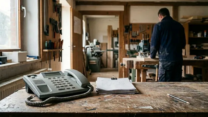 Telefon auf der Werkbank einer Schreinerei, während der Handwerker im Hintergrund weiterarbeitet