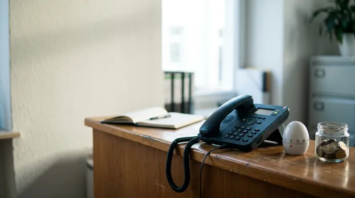 Tresen eines kleinen Betriebs im hellen Morgenlicht: Ein schwarzes Tischtelefon mit eingestecktem Kabel steht auf einer abgenutzten Holzplatte, daneben eine weiße mechanische Eieruhr und ein kleines Glas mit Münzen; im Hintergrund ein aufgeschlagenes Notizbuch mit Stift, Aktenordner und ein Fenster mit weichem Tageslicht