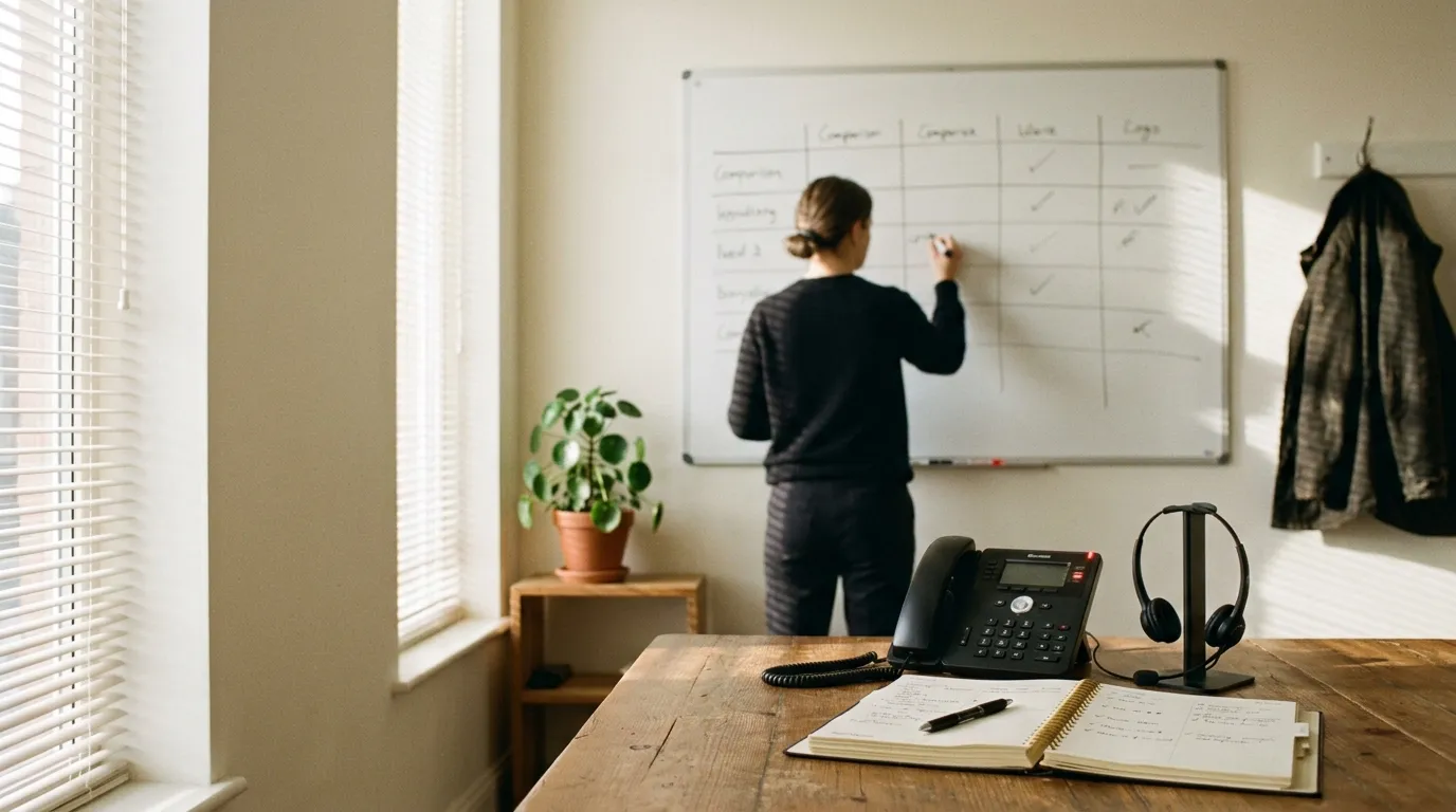 Mitarbeiterin trägt Häkchen in eine Vergleichstabelle am Whiteboard ein, im Vordergrund Tischtelefon, Headset und Notizbuch auf einem Holzschreibtisch