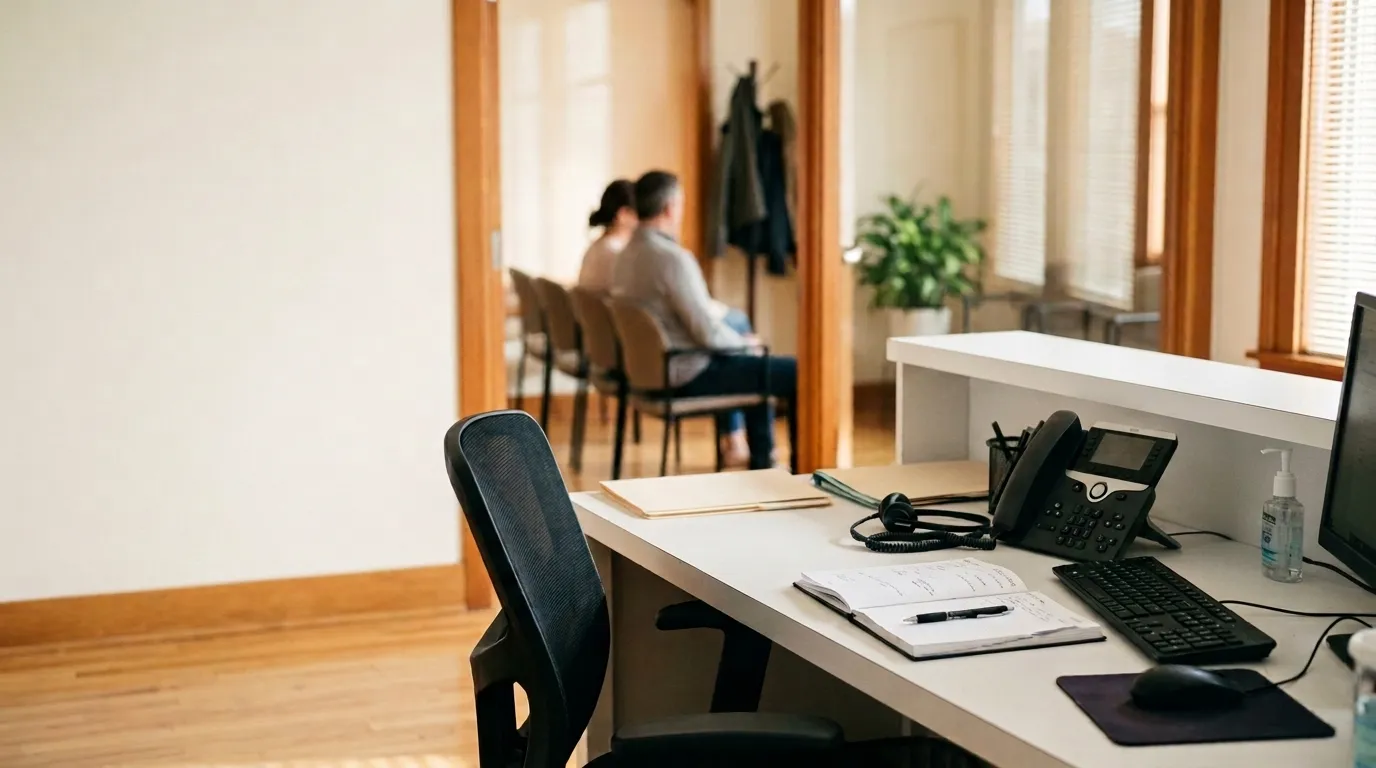 Leerer Empfangstresen einer Arztpraxis mit klingelndem Telefon, während im Wartezimmer Patienten sitzen