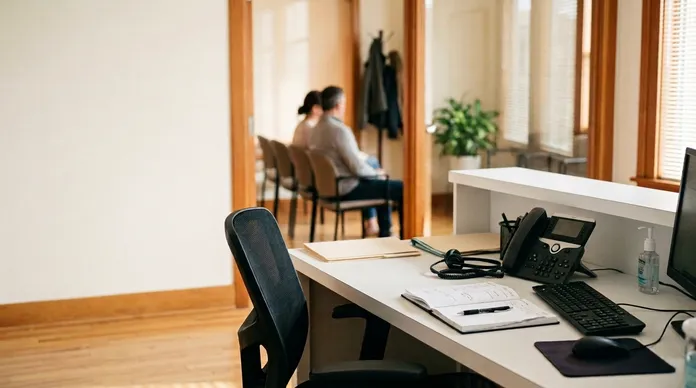 Leerer Empfangstresen einer Arztpraxis mit klingelndem Telefon, während im Wartezimmer Patienten sitzen