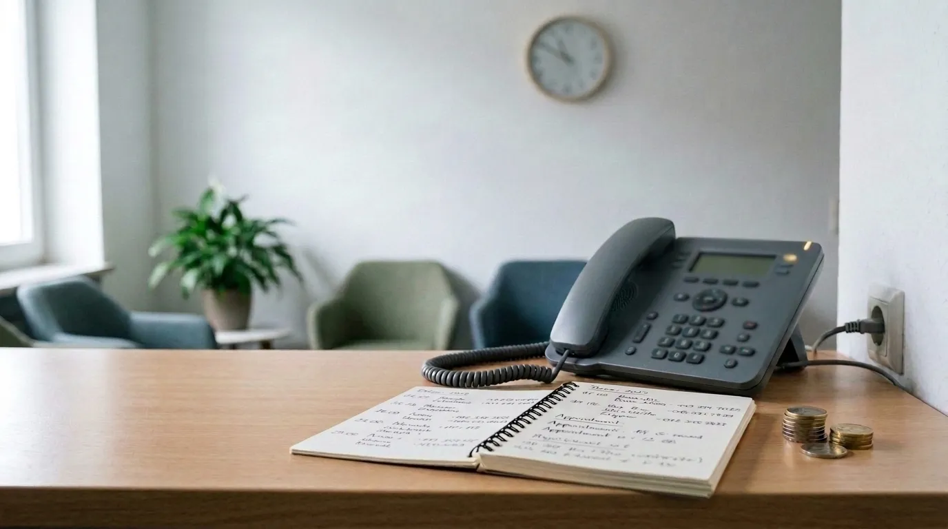 Empfangstresen einer kleinen Praxis im hellen Tageslicht: Auf dem hellen Holztresen steht ein schwarzes Tischtelefon mit Spiralkabel, davor liegt ein aufgeschlagenes Ringbuch voller handschriftlicher Notizen, daneben zwei kleine Münzstapel; im Hintergrund unscharf ein leerer Wartebereich mit Sesseln, einer Grünpflanze und einer Wanduhr