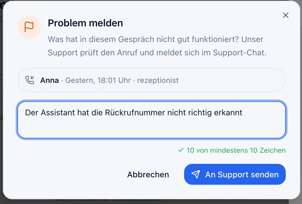 Dialog „Problem melden“ mit Kontext-Zeile zum Anruf, Freitextfeld, Zeichen-Zähler und dem Button „An Support senden“