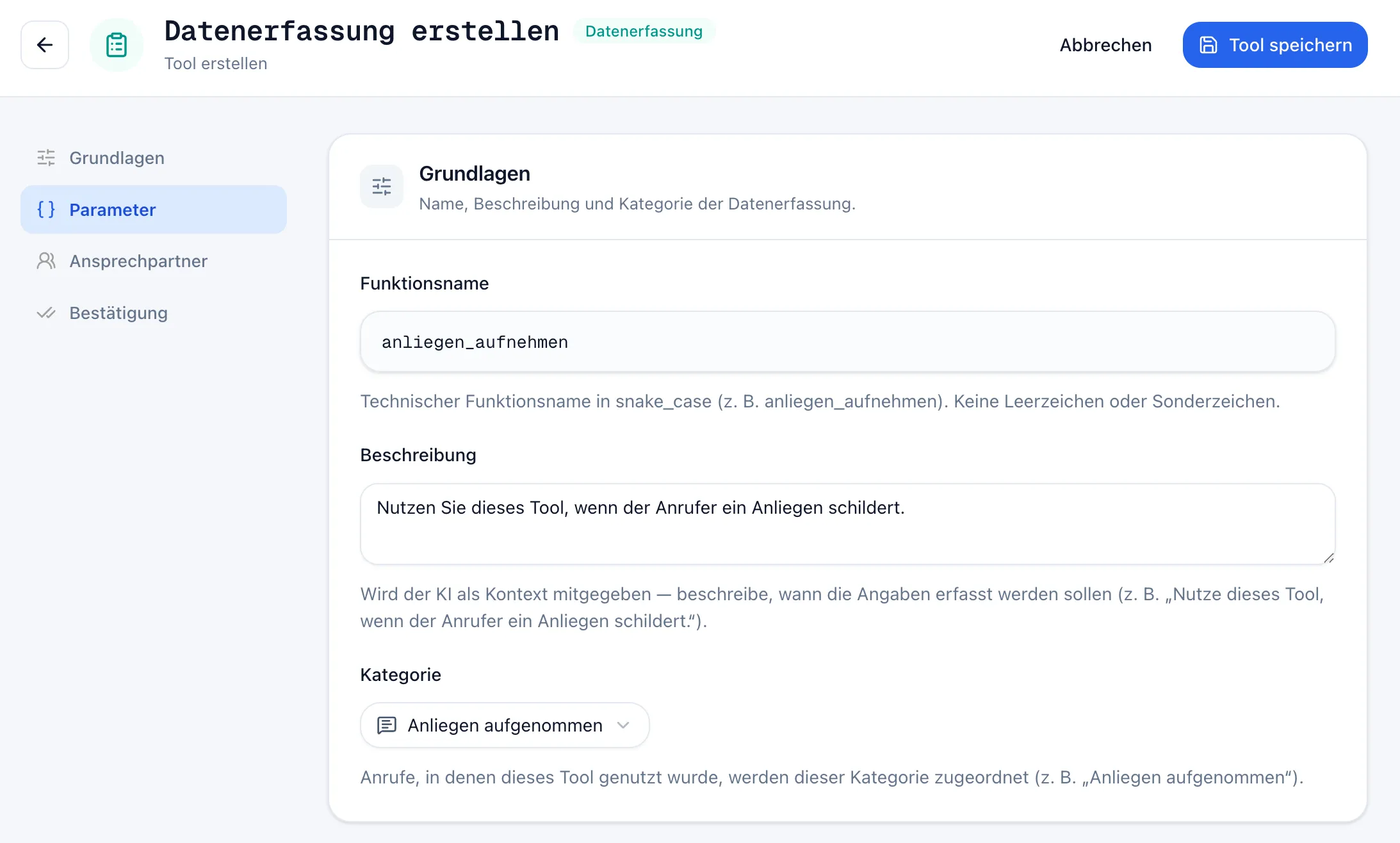 Seite „Datenerfassung erstellen“ mit der Sektion „Grundlagen“: Funktionsname anliegen_aufnehmen, Beschreibung und Kategorie „Anliegen aufgenommen“