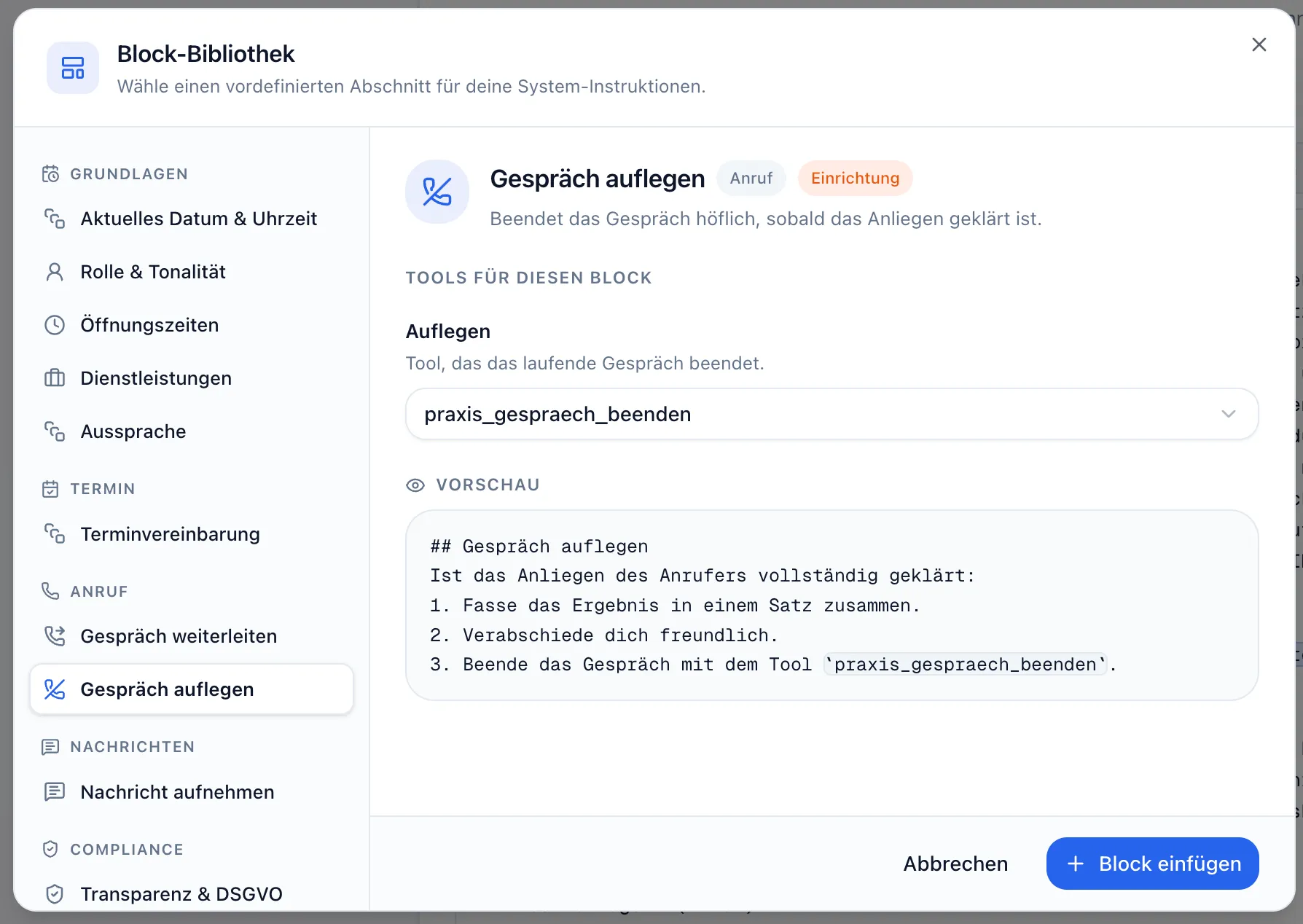 Dialog „Block-Bibliothek“ mit Kategorien links, geöffnetem Block „Gespräch auflegen“, dem Abschnitt „Tools für diesen Block“ und der Vorschau des Block-Textes