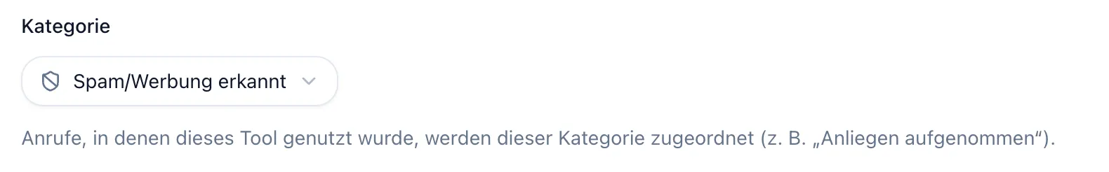 Kategorie-Feld des Datenerfassungs-Tools mit ausgewählter Kategorie „Spam/Werbung erkannt“