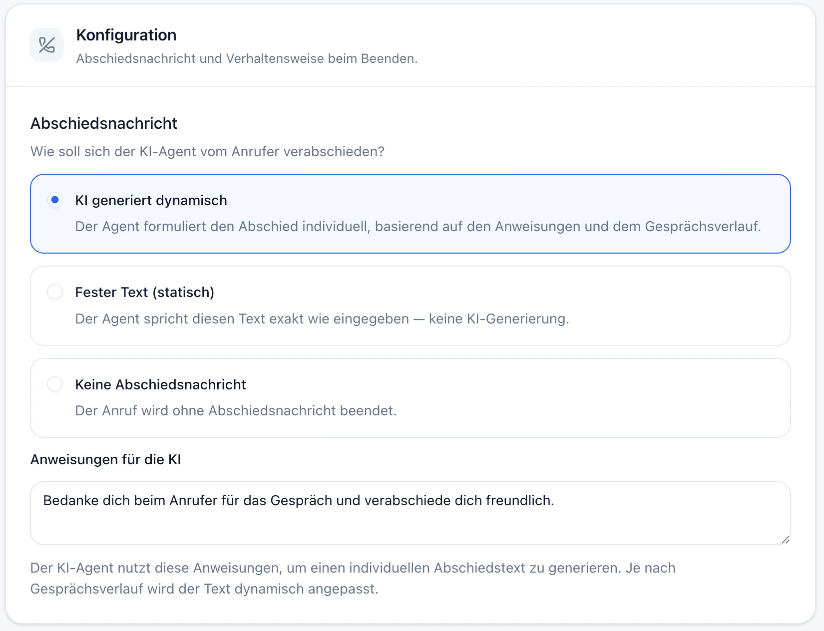 Sektion „Konfiguration“ des Auflegen-Tools mit den drei Modi der Abschiedsnachricht und dem Feld „Anweisungen für die KI“