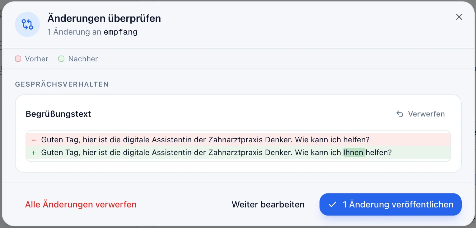 Dialog „Änderungen überprüfen“ mit einer Änderung am Begrüßungstext als Vorher/Nachher-Diff und dem Button „1 Änderung veröffentlichen“