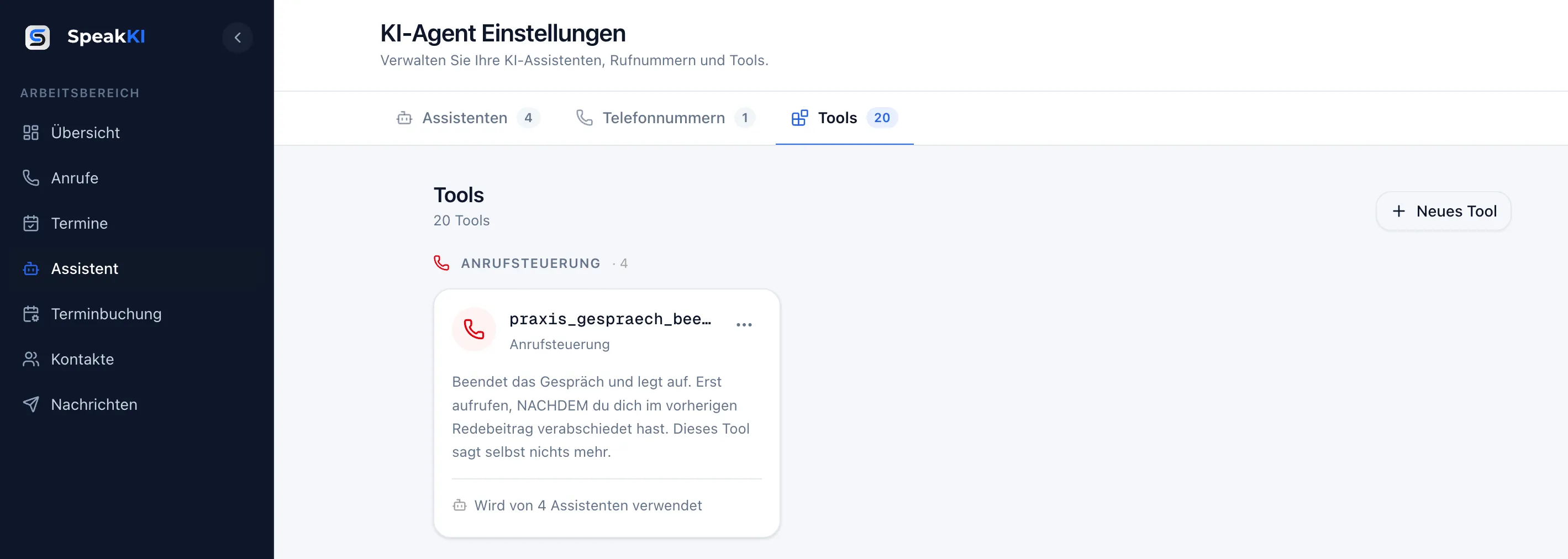 Tab „Tools“ mit der nach Kategorien gruppierten Tool-Liste und dem Button „Neues Tool“