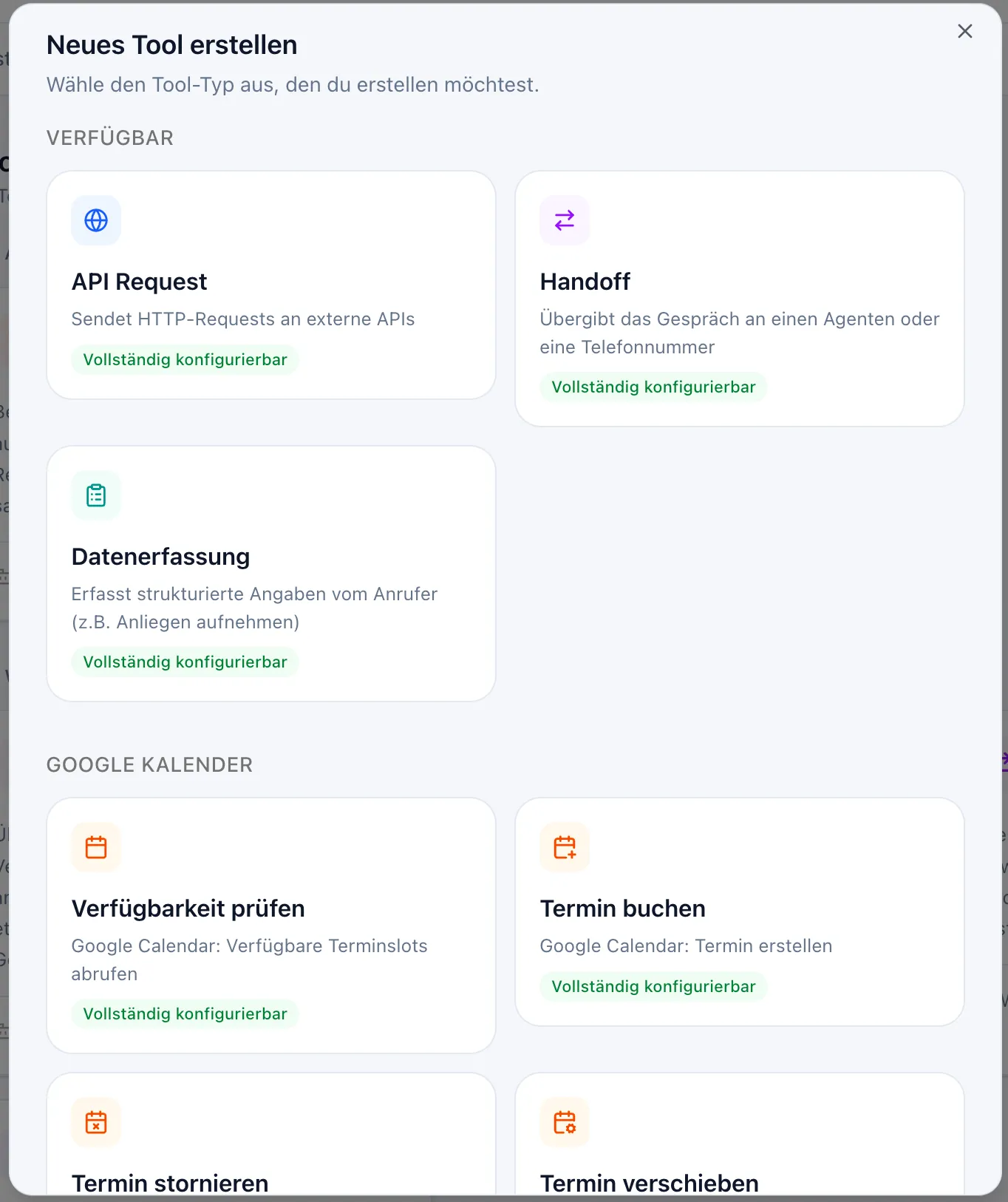 Dialog „Neues Tool erstellen“ mit den Tool-Typ-Kacheln in den Gruppen „Verfügbar“ und „Google Kalender“