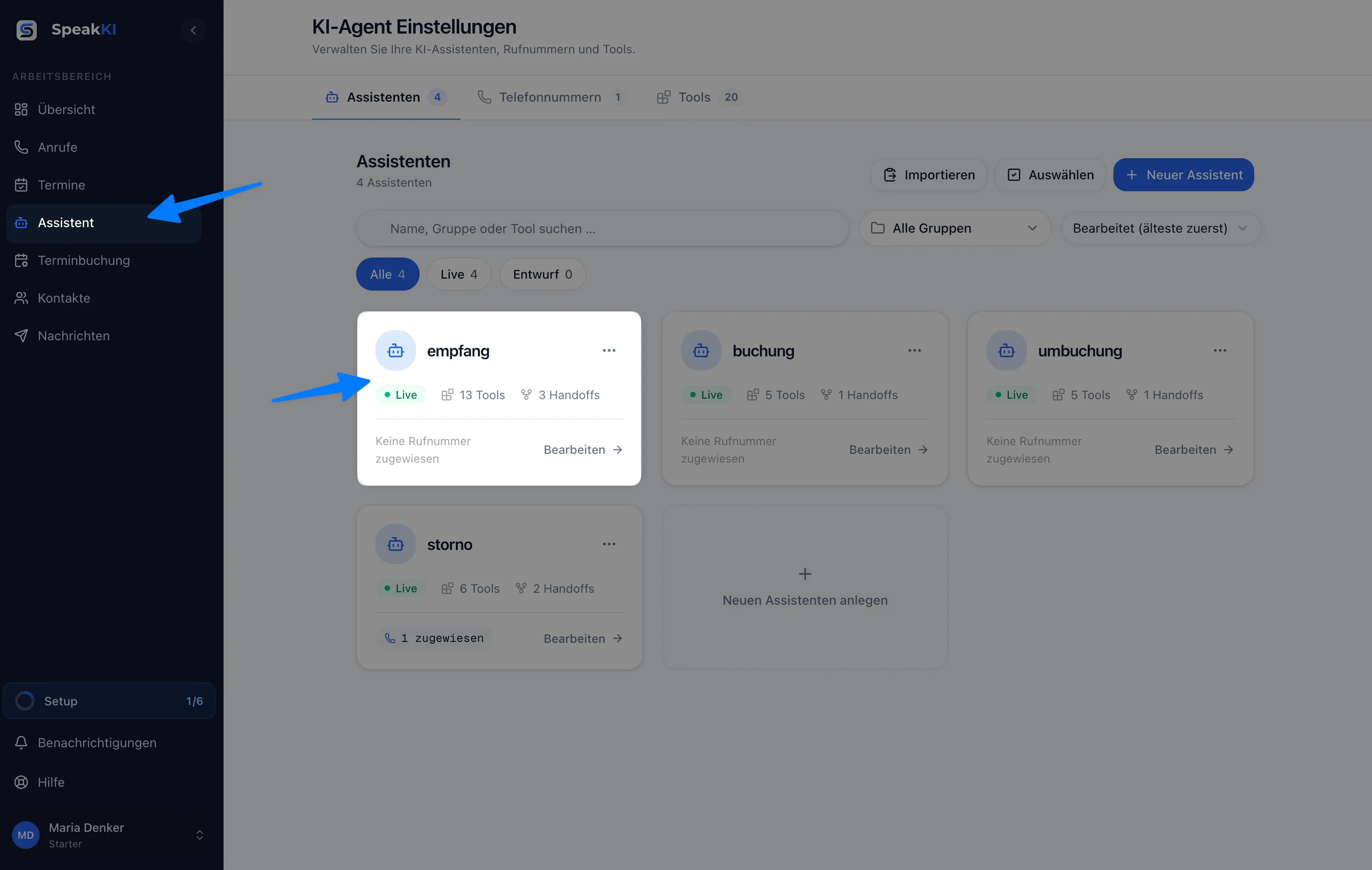 Dashboard mit dem Menüpunkt „Assistent“ und der Assistenten-Liste; Pfeile zeigen auf den Menüpunkt und eine Assistenten-Karte