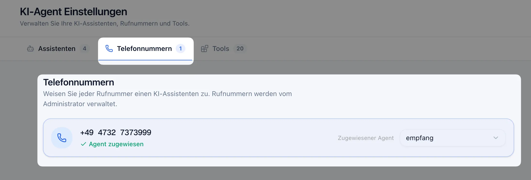 Tab „Telefonnummern“ mit zugewiesener Rufnummer und Status „Agent zugewiesen“