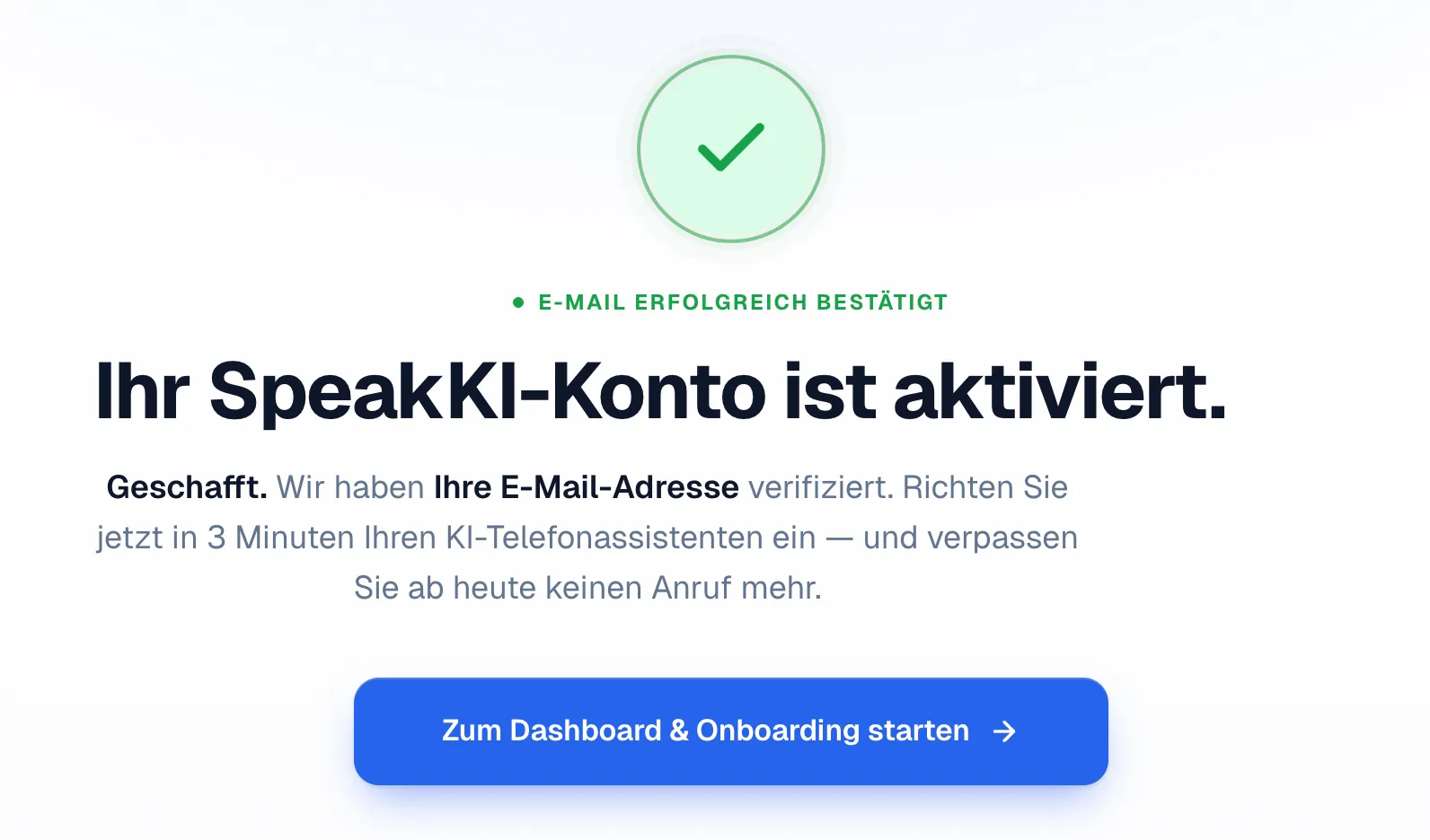 Erfolgsseite „Ihr SpeakKI-Konto ist aktiviert.“ mit dem Button „Zum Dashboard & Onboarding starten“