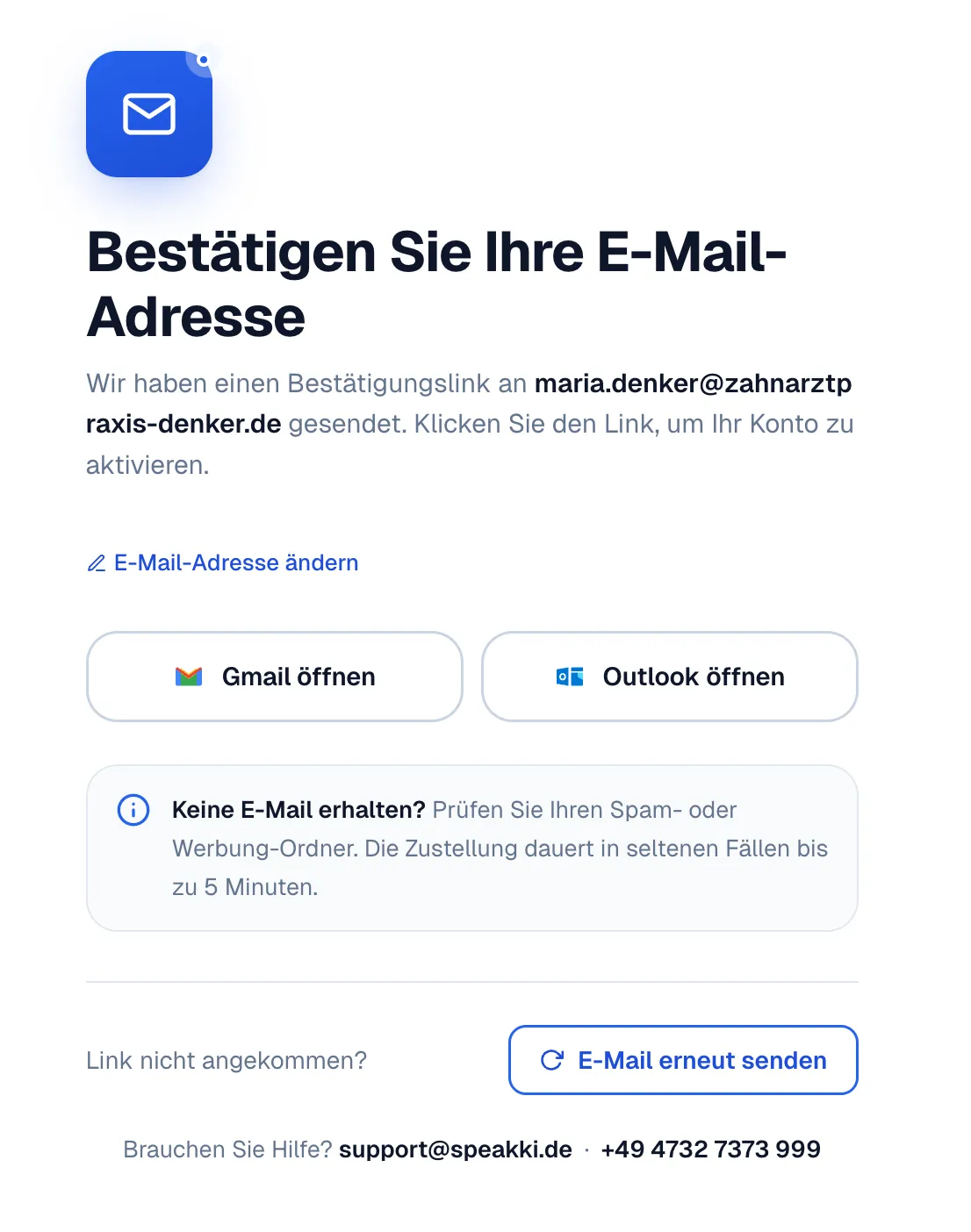 Seite „Bestätigen Sie Ihre E-Mail-Adresse“ mit Hinweis auf den versendeten Link und dem Button „E-Mail erneut senden“