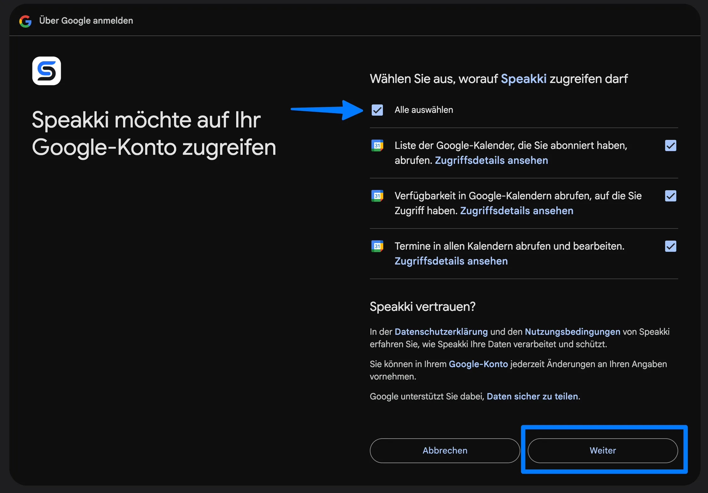 Googles Zustimmungsseite mit den drei Kalender-Berechtigungen, gesetztem Häkchen „Alle auswählen“ und dem Button „Weiter“