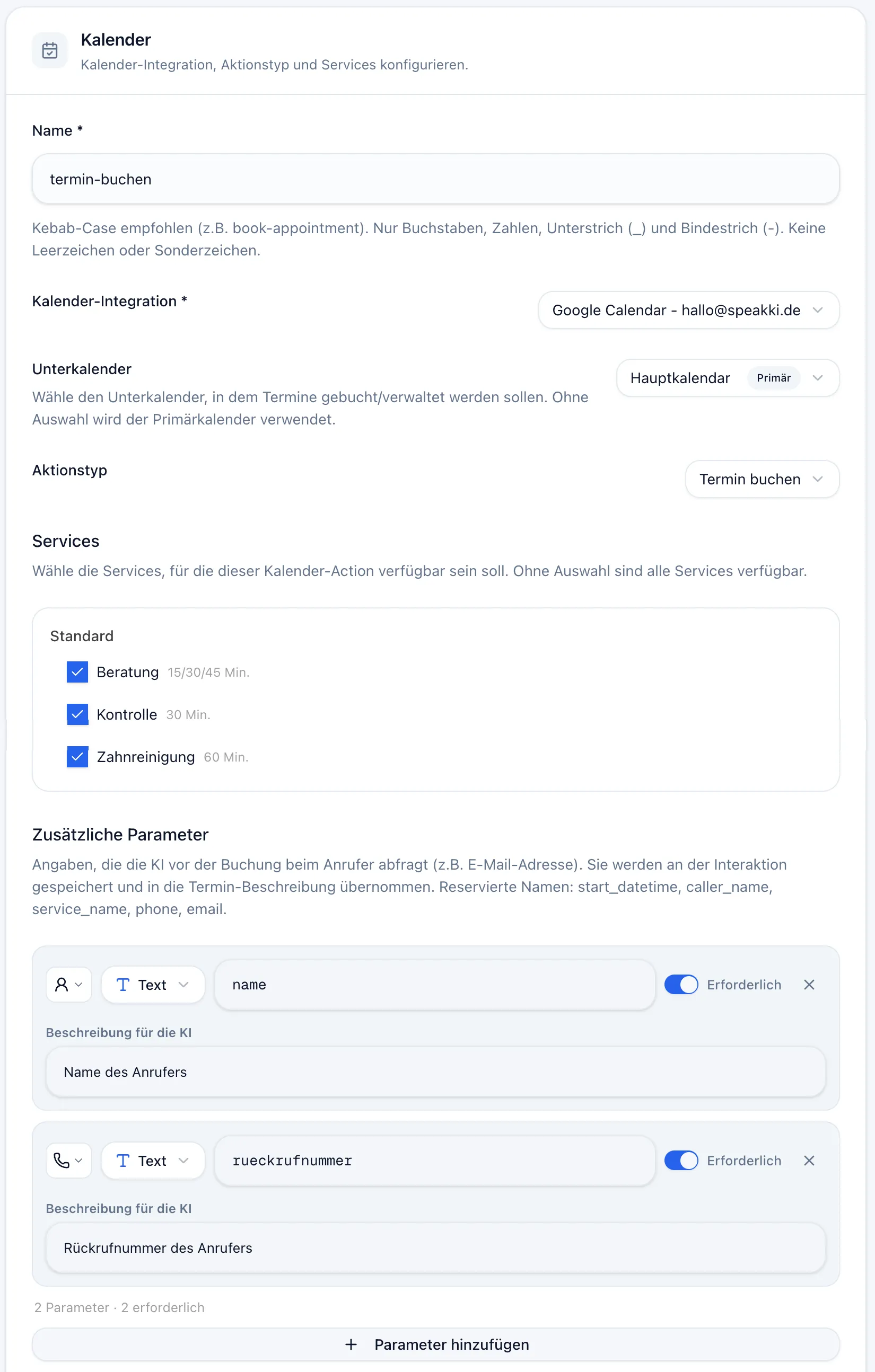 Formular „Termin buchen“ mit Kalender-Integration, Unterkalender, Service-Auswahl und zwei zusätzlichen Parametern