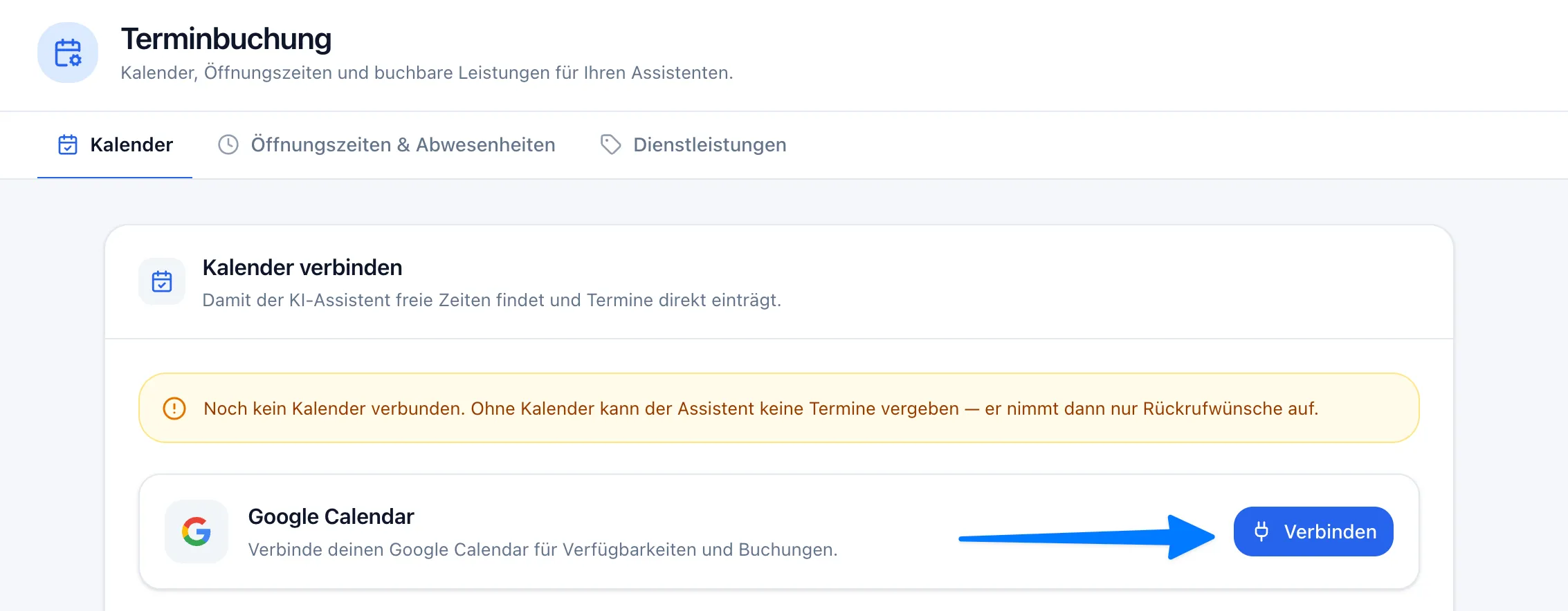 Seite „Terminbuchung“ mit dem Tab „Kalender“, dem Hinweis „Noch kein Kalender verbunden“ und der Kachel „Google Calendar“ mit dem Button „Verbinden“
