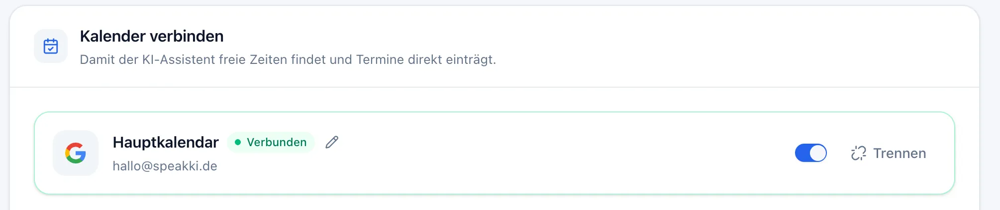 Verbundene Kachel mit Kalendername, grünem Status „Verbunden“, Stift-Symbol für die Bezeichnung und dem Button „Trennen“