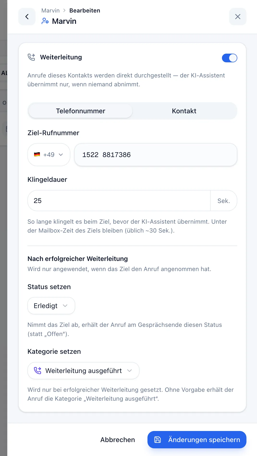 Kontakt-Bearbeiten-Karte mit aktiviertem Schalter „Weiterleitung“, Ziel-Rufnummer, Klingeldauer und dem Unterblock „Nach erfolgreicher Weiterleitung“