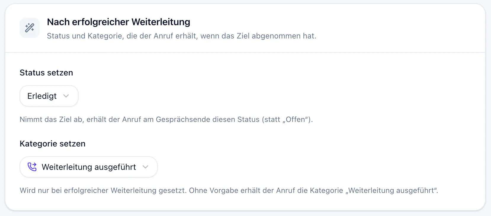 Sektion „Nach erfolgreicher Weiterleitung“ mit den Feldern „Status setzen“ (Erledigt) und „Kategorie setzen“ (Weiterleitung ausgeführt)